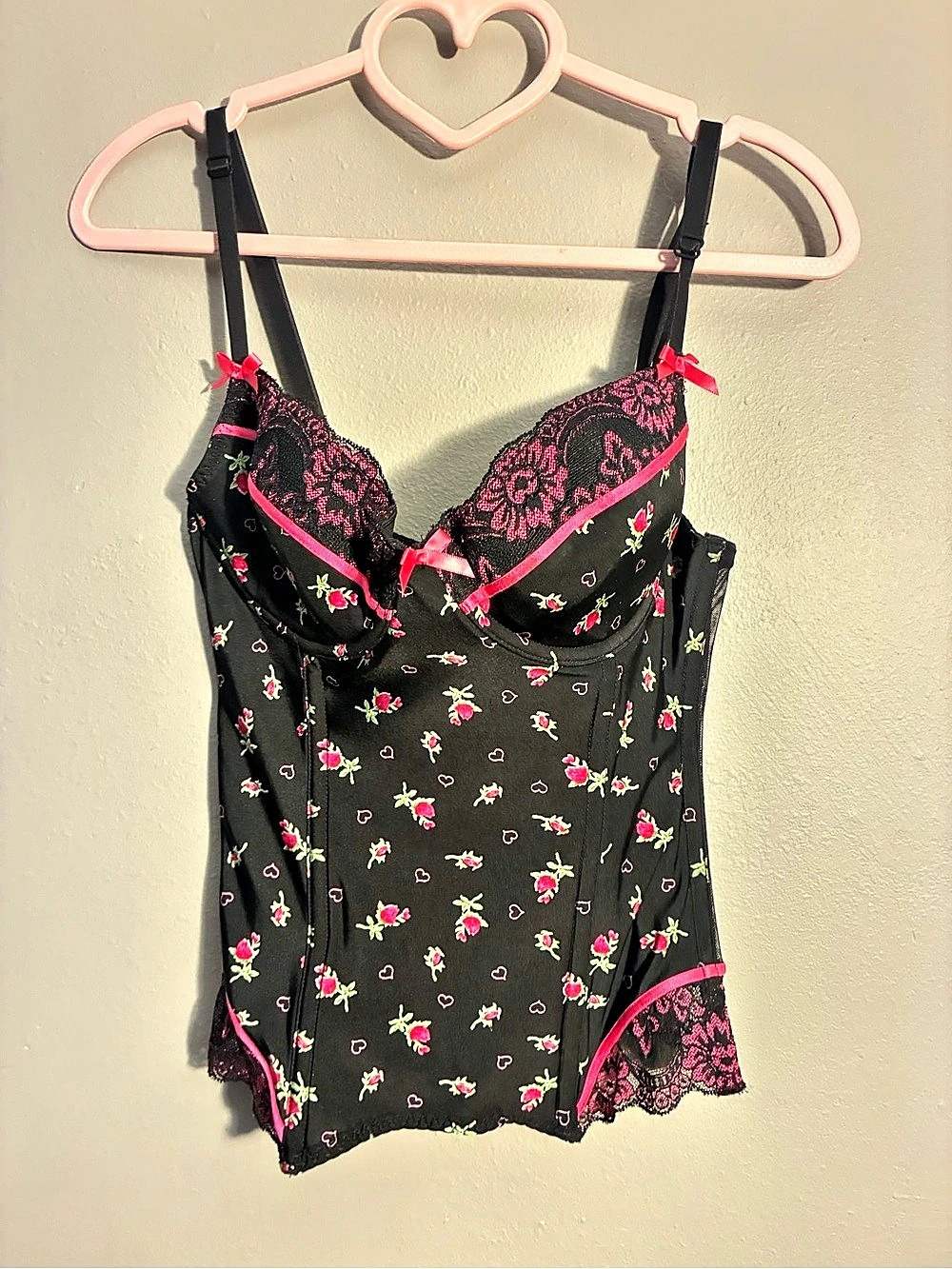Victoria's Secret VS Archives Rosette Corset Top Floral Lace Teddy Black & Pink